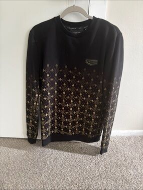 Men's Black Crewneck Sweater with Gold Pattern